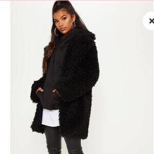 PrettyLittleThing Black Faux Fur Teddy Coat Size 10